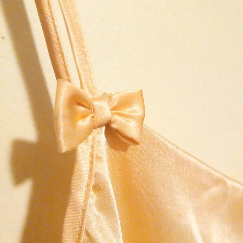 Vintage California Dynasty Liquid Satin Chemise Gown-Large-Bow Detail-Yellow